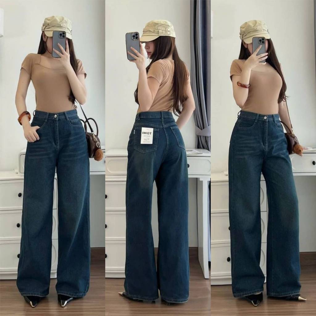 (S-L) Quần Jean Nữ Ống Suông Màu Xanh Đậm, Lưng Cao, Dài Quần 105cm, Không Giãn, Form Dáng Basic, Trẻ Trung Q33