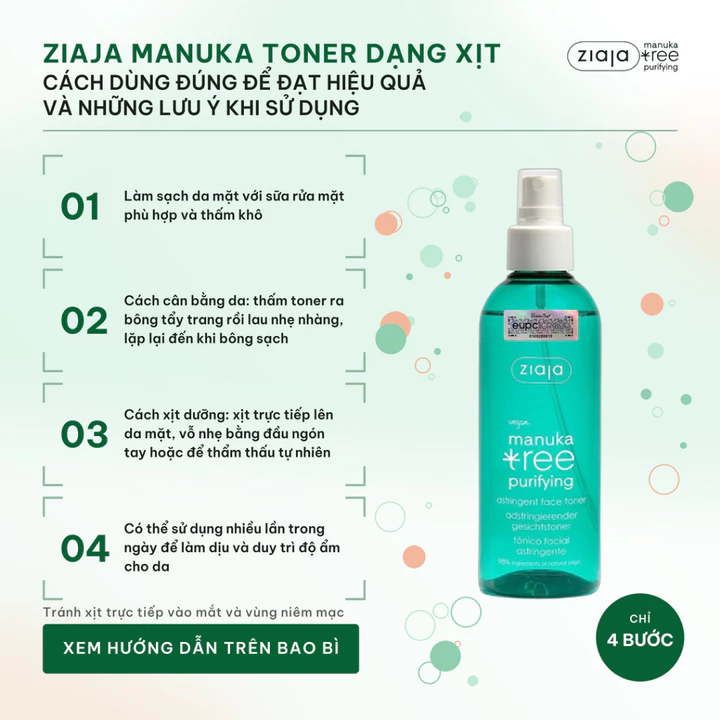 Toner Xịt Ziaja Manuka Se Khít Lỗ Chân Lông, Giảm Mụn Ziaja Manuka Tree Purifying Astringent Face Toner 200ml–Làm Dịu Da