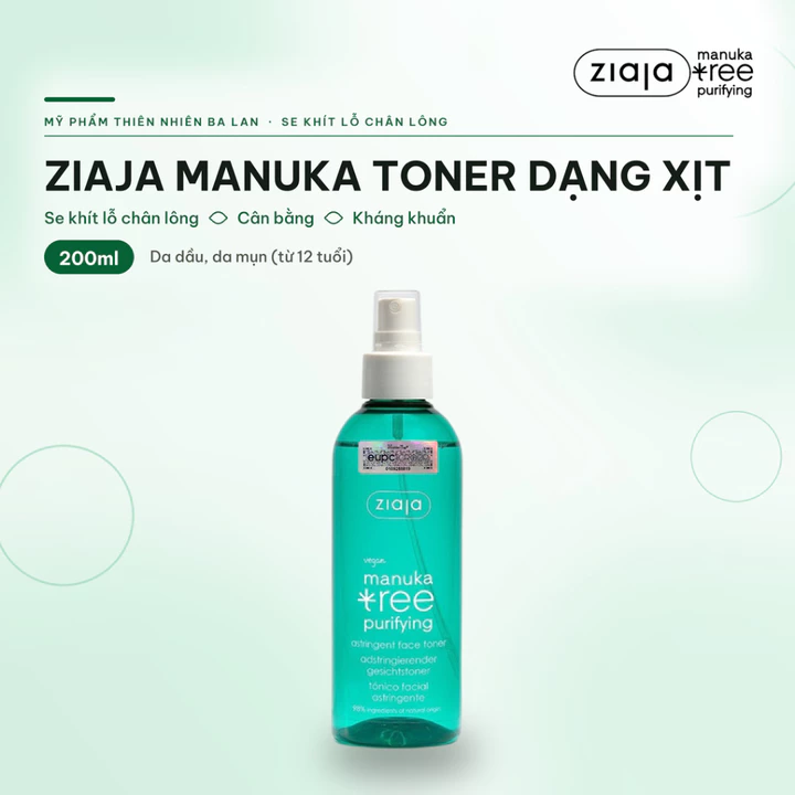 Toner Xịt Ziaja Manuka Se Khít Lỗ Chân Lông, Giảm Mụn Ziaja Manuka Tree Purifying Astringent Face Toner 200ml–Làm Dịu Da