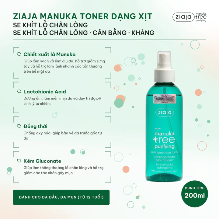 Toner Xịt Ziaja Manuka Se Khít Lỗ Chân Lông, Giảm Mụn Ziaja Manuka Tree Purifying Astringent Face Toner 200ml–Làm Dịu Da