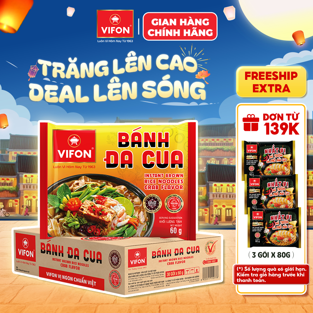 [VOUCHER HOT 10%]Thùng 30 Gói Bánh Đa Cua VIFON 60g Vị Cua Đồng Sợi Dai Đạt Giải Quốc Tế