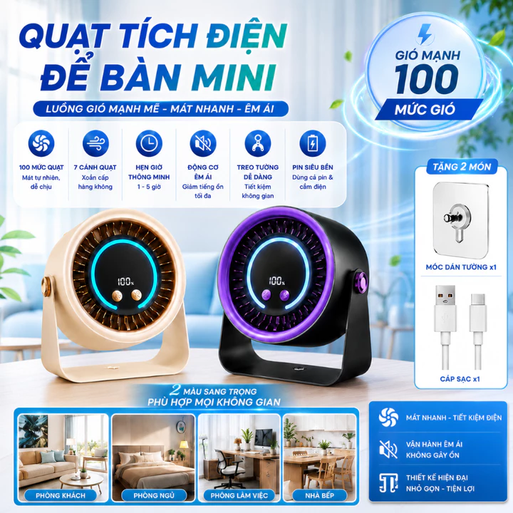 [SSS] Quạt tích điện để bàn mini 100 tốc độ gió êm ái, Combo quạt sạc điện treo tường nhỏ gọn màn hình hiển thị rõ nét