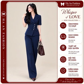 Set Vest Nữ Công Sở Cao Cấp Áo Vest Tay Ngắn Quần Ống Suông Thanh Lịch Sang Trọng