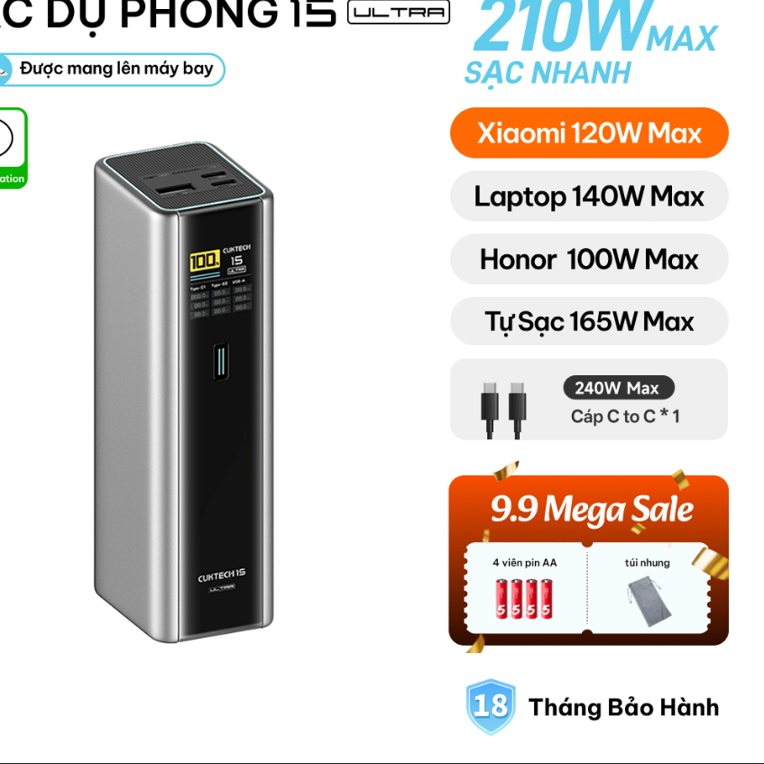 【Được chứng nhận CCC】CUKTECH Sạc Nhanh 210W 20000mAh – Hỗ Trợ Xiaomi 120W Laptop 140W Samsung 45W iP18/17/16 Laptop 140W | BigBuy360 - bigbuy360.vn