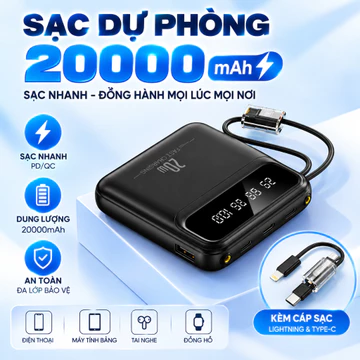 Sạc dự phòng 20000mAh có tích hợp 2 cáp sạc nhanh màn hình led hiện thị dung lượng sạc được cho nhiều thiết bị R08 PKMAL