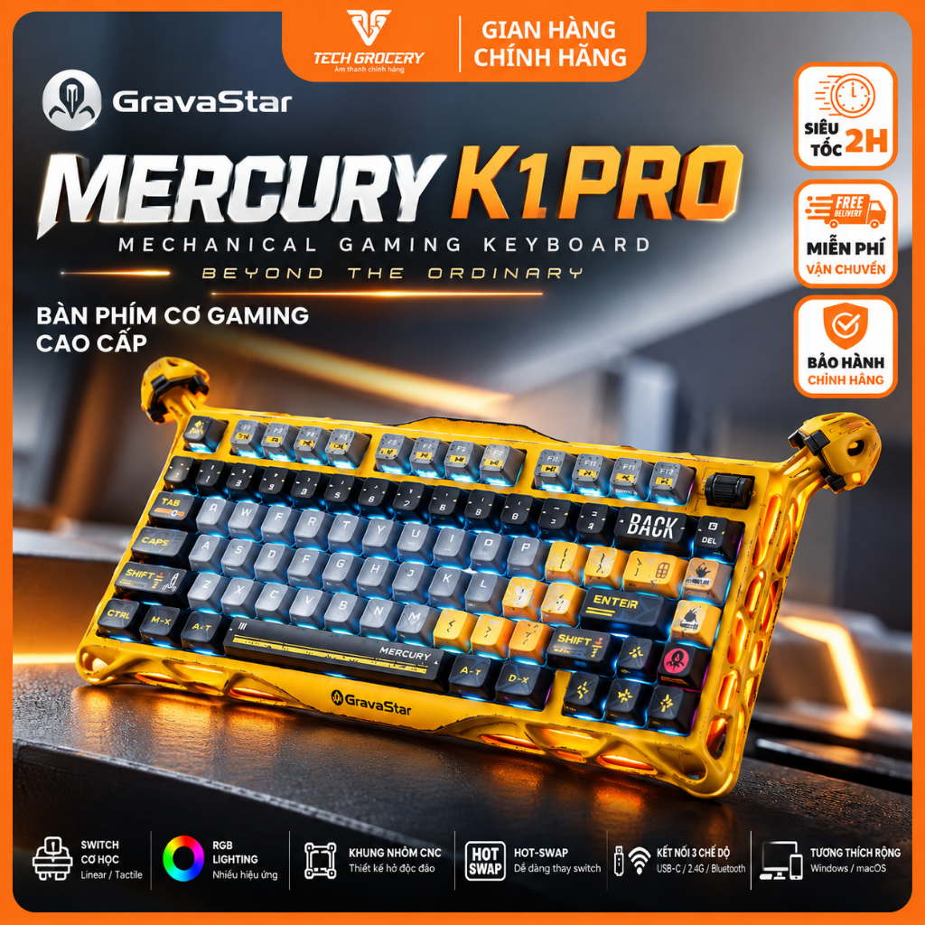 Bàn Phím Cơ Gravastar Mercury 75% K1 Lite, K1 ,K1 Pro,  Kết Nối Không Dây, LED RGB siêu đẹp - Bảo Hành Chính Hãng 1