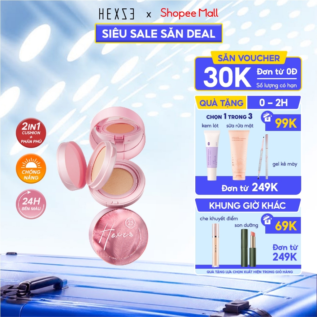 Cushion hỗ trợ chống nắng kèm phấn phủ 2in1 HEXZE Spf25 PA+++, nâng tone tự nhiên cố định lớp makeup hoàn hảo