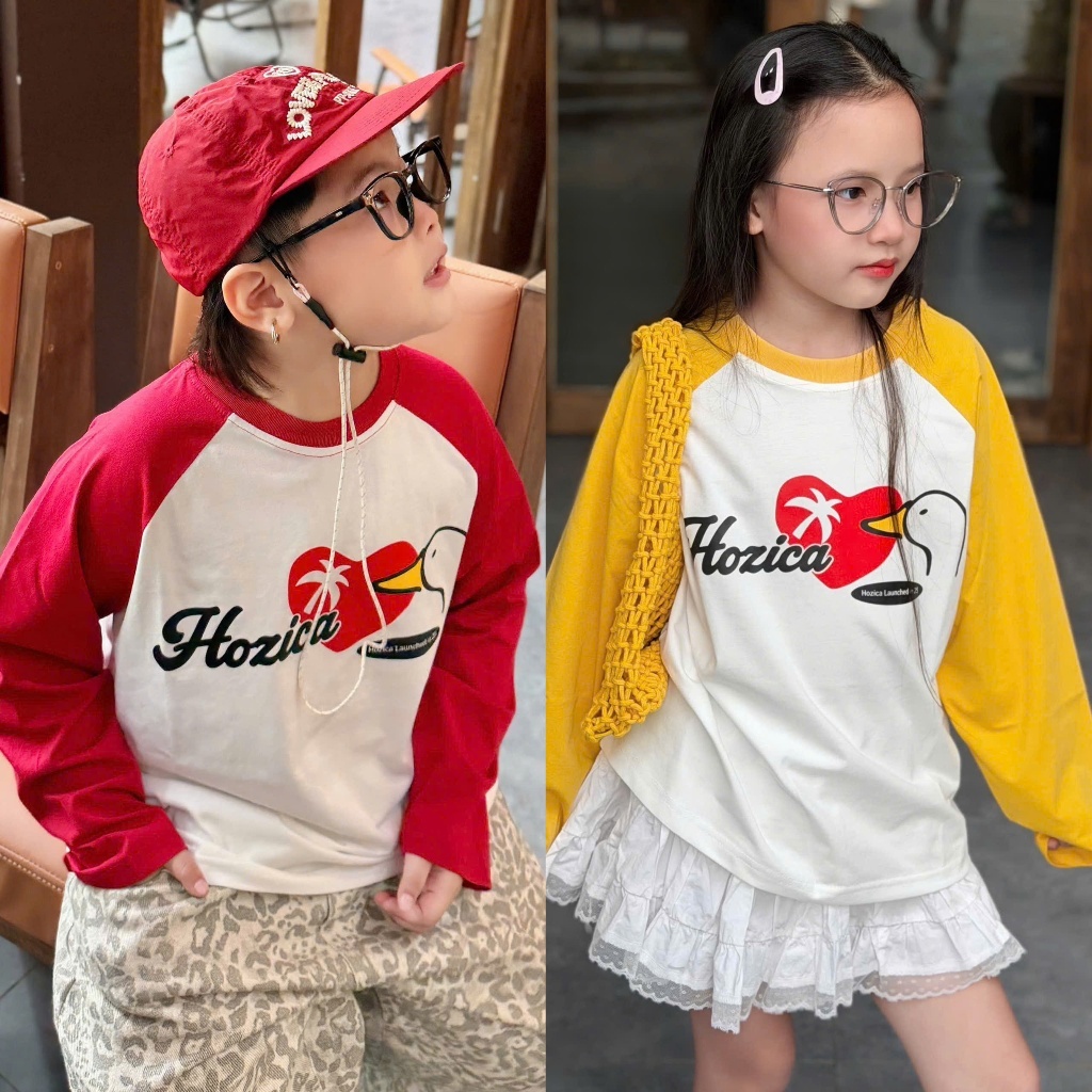 [ÁO DÀI HOZICA HÌNH VỊT] Áo thun cotton dài tay bé trai bé gái in hình vịt 2026, áo phông form rộng phong cách Hàn Quốc