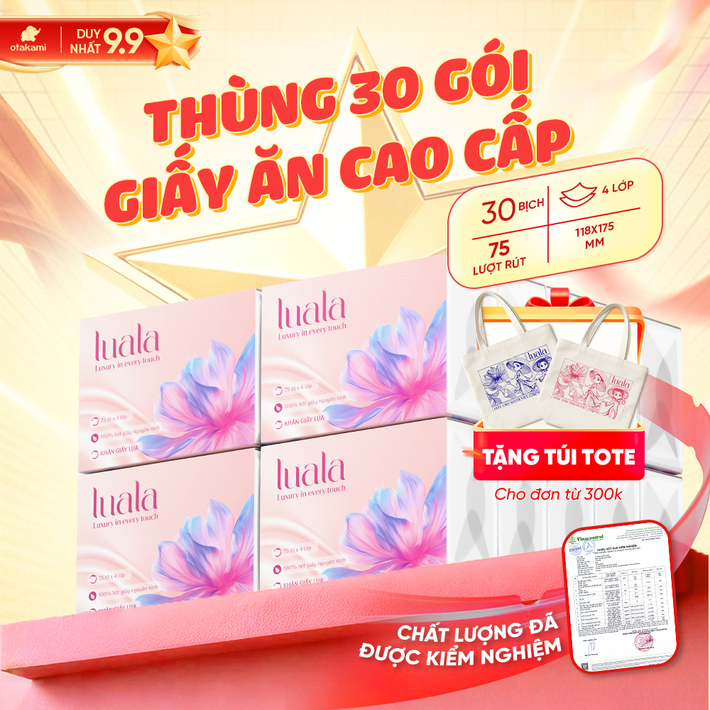 Thùng 30 gói khăn giấy ăn cao cấp LUALA 4 lớp, giấy ăn rút mềm mại siêu dai không chất tẩy trắng