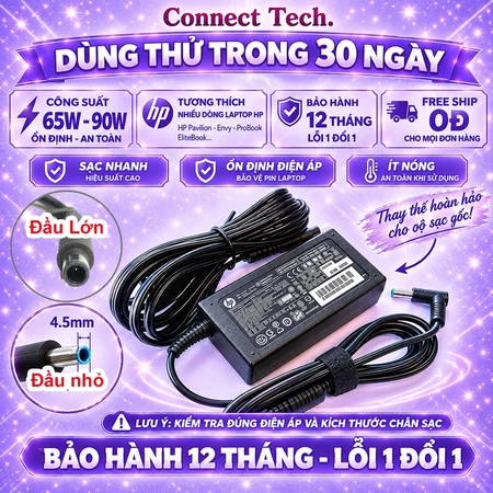 Sạc Laptop HP 65w 90w Pavilion X360 Envy 11 13 15 Probook EliteBook 840 G3 G5 Sạc Laptop Hp chân to chân nhỏ