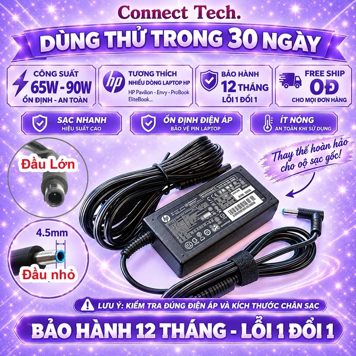 Sạc Laptop HP 65w 90w Pavilion X360 Envy 11 13 15 Probook EliteBook 840 G3 G5 Sạc Laptop Hp chân to chân nhỏ