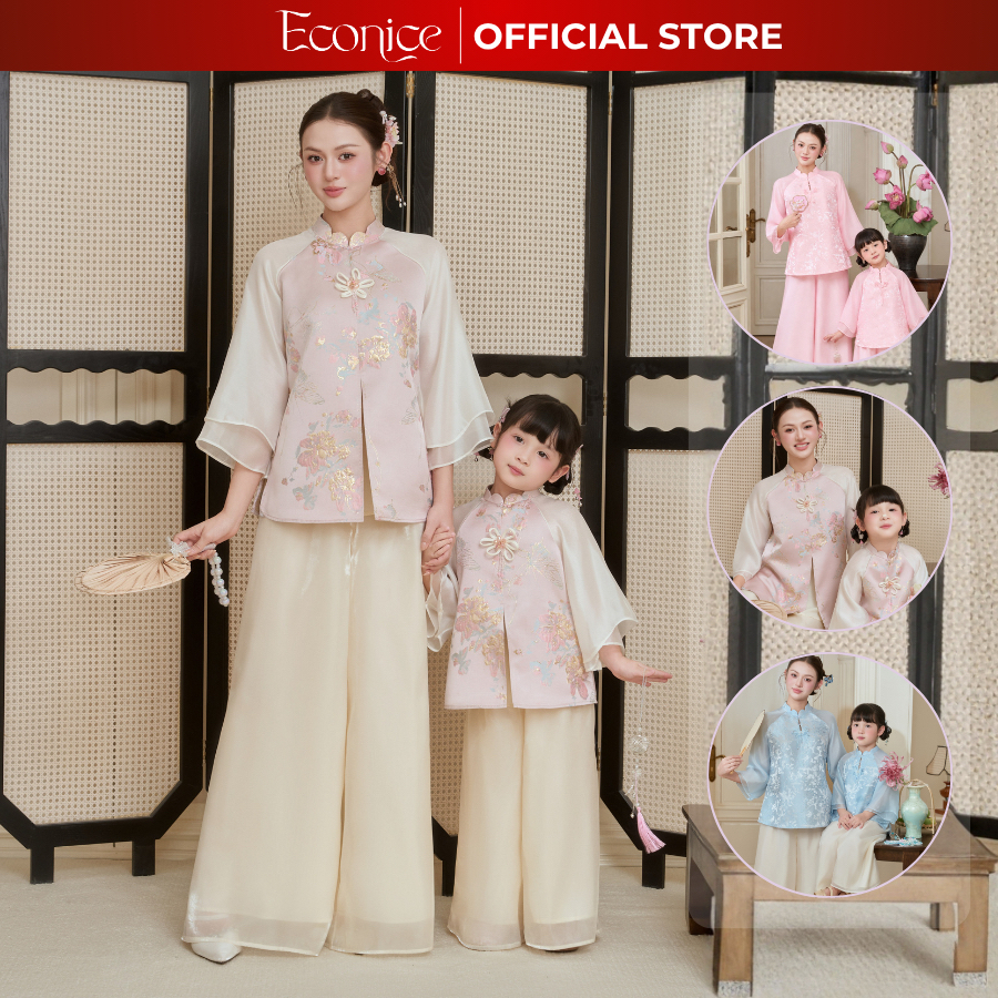 Bộ gấm đôi mẹ và bé gái tafta gấm phối tơ mềm mại Econice size trẻ em 4, 5, 6, 7, 8, 9, 10, 11, 12 tuổi