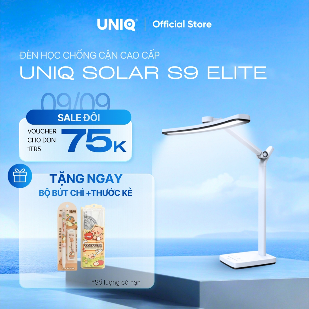 Đèn led để bàn làm việc cao cấp UNIQ Solar S9 Elite đèn học đọc sách chống cận thị cho bé tích hợp đồng hồ podomoro | BigBuy360 - bigbuy360.vn