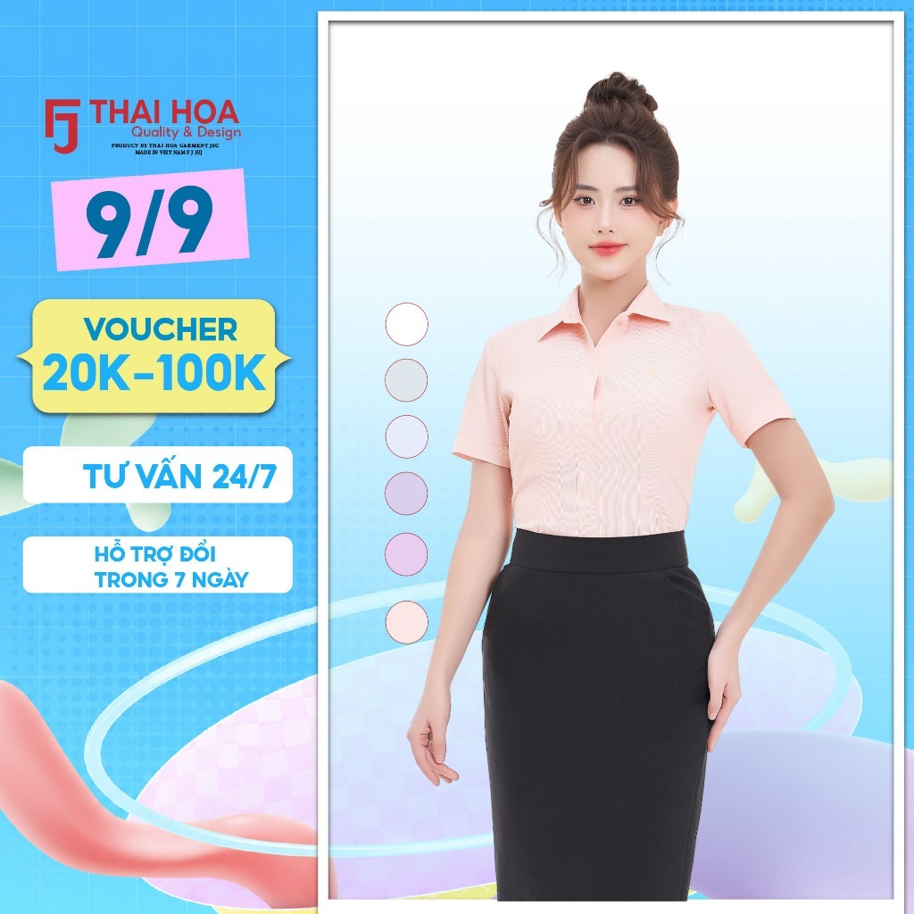Áo sơ mi nữ R04 tay ngắn Thái Hòa vải cotton kẻ sọc thiết kế thanh lịch kiểu công sở form ôm