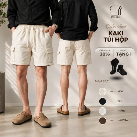 Quần short kaki nam LIAM BAMI HOME, quần kaki túi hộp, lưng chun co giã, form trên gối QK17
