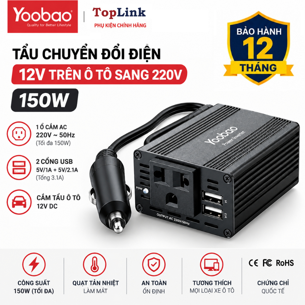 Tẩu Sạc Chuyển Đổi Điện Ô Tô DC 12V Sang Xoay Chiều AC 220V-150W Yoobao Đa Năng Tiện Dụng Chính Hãng