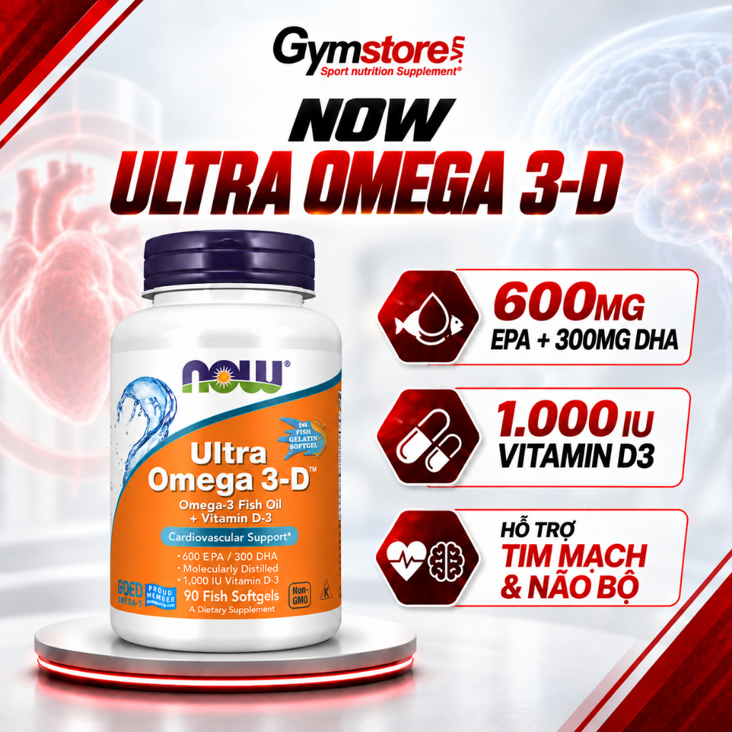 Viên dầu cá Now Ultra Omega 3-D, 600 EPA/ 300 DHA bổ sung thêm vitamin D3 giúp chắc xương, sáng mắt