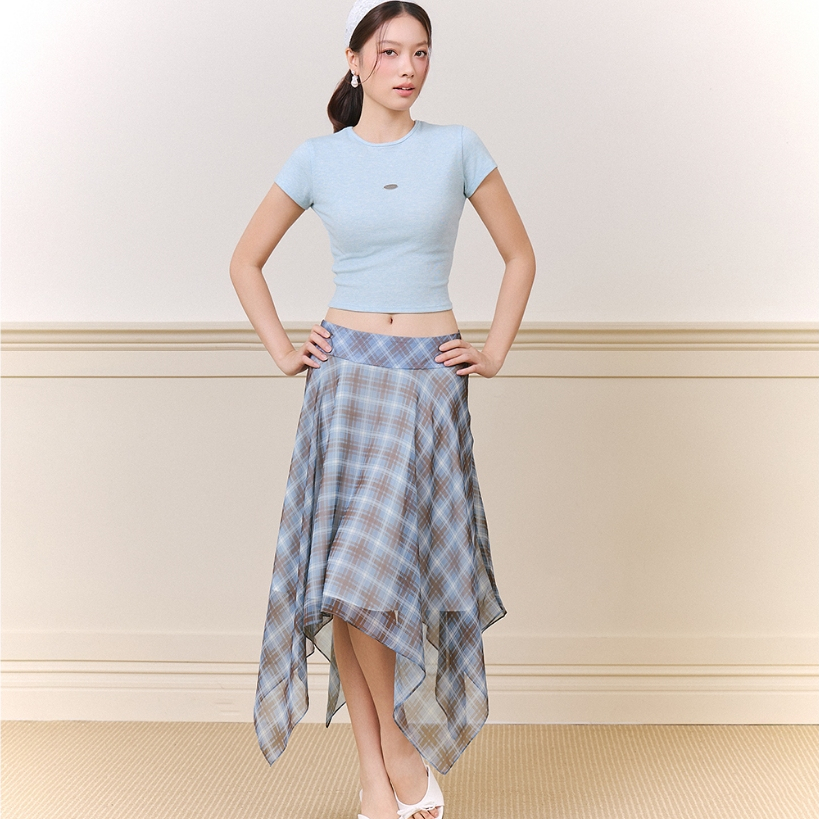 Chân váy caro vạt xéo THE C.I.U, chân váy xòe dáng dài bất đối xứng - Renny Skirt - C17