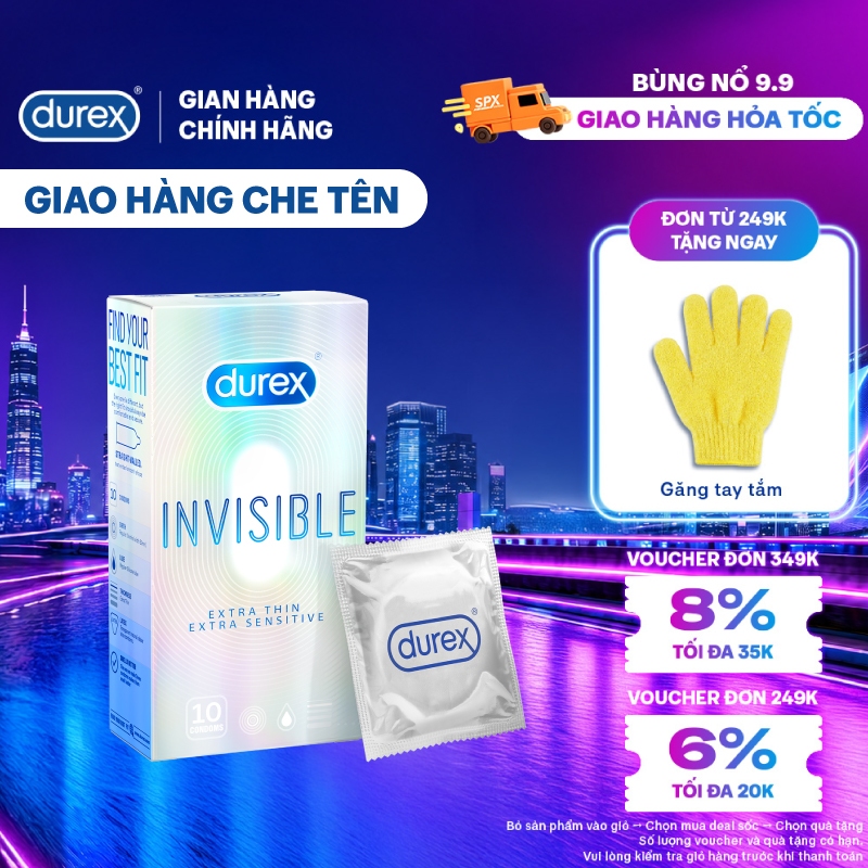 Bao cao su Durex Invisible siêu mỏng size 52mm, hộp 10 bao