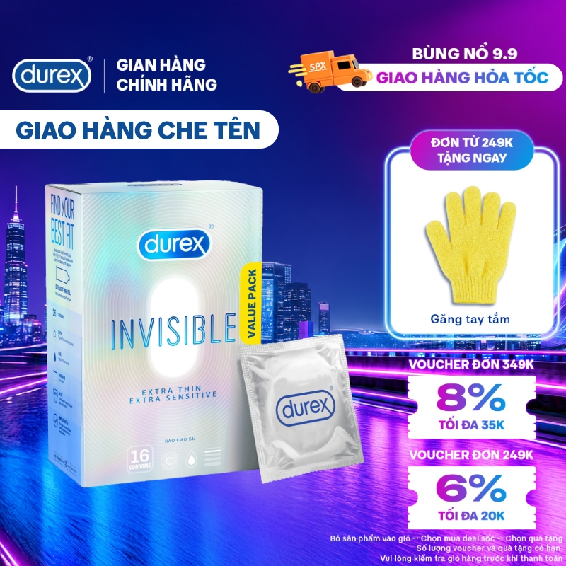 Bao Cao Su Durex Invisible Siêu Mỏng, Size 52 mm, Hộp 16 Bao Mới Ra Mắt - Hộp Lớn Siêu Tiết Kiệm