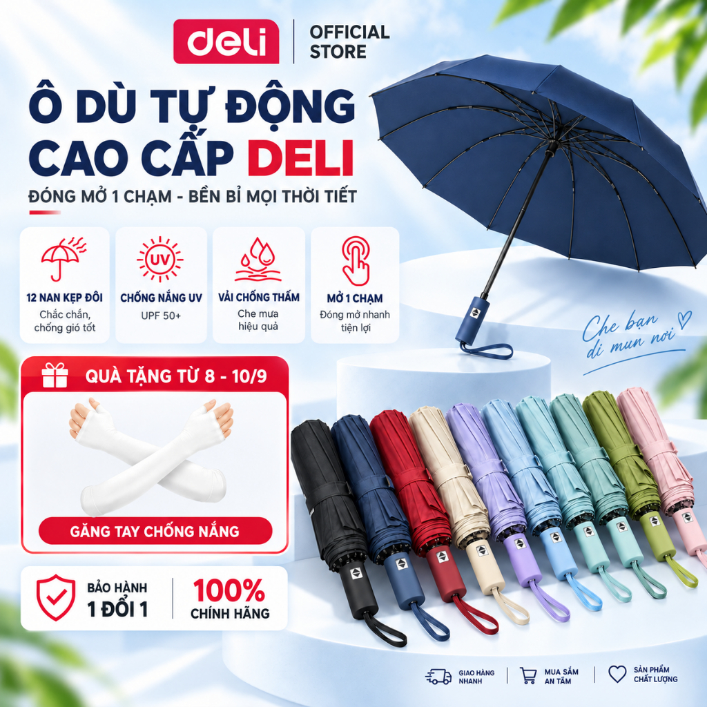 Ô Dù Che Mưa Đi Nắng Tự Động DELI 12 Nan Đôi Chống UV đường kính lớn Nút Đóng/Mở tự động Thông Minh Nhiều Màu