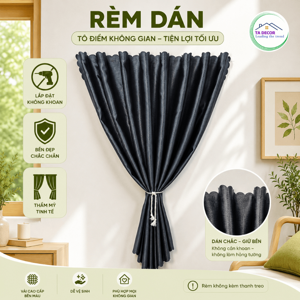 Rèm Cửa Dán Tường Màu XÁM ĐEN, Rèm Cửa Sổ Không Cần Khoan, Chất Liệu Vải Gấm Cản Nắng Cao Cấp