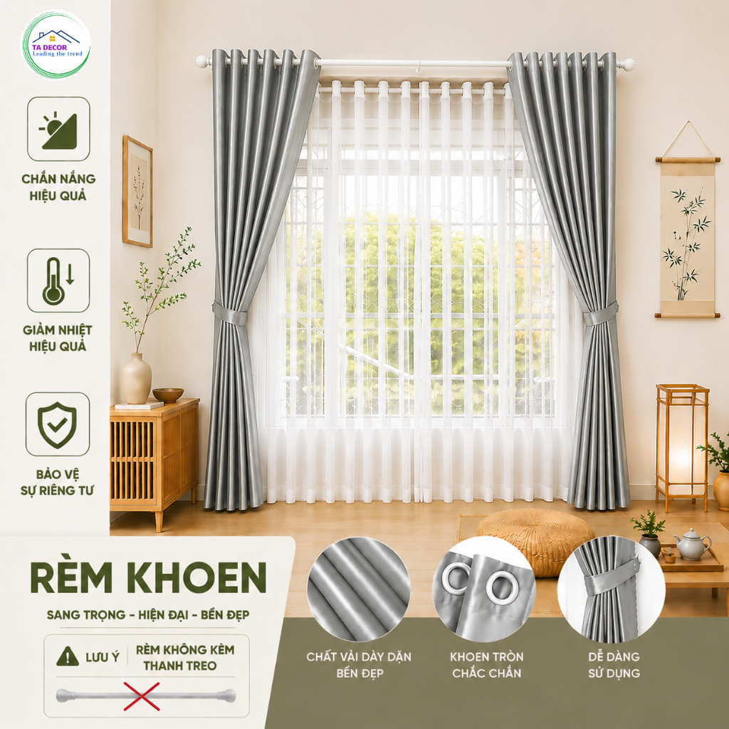Rèm cửa sổ màu XÁM BẠC ( RÈM CHƯA BAO GỒM THANH TREO)  , rèm cửa chính chống nắng 95% , màn cửa trang trí decor phòng