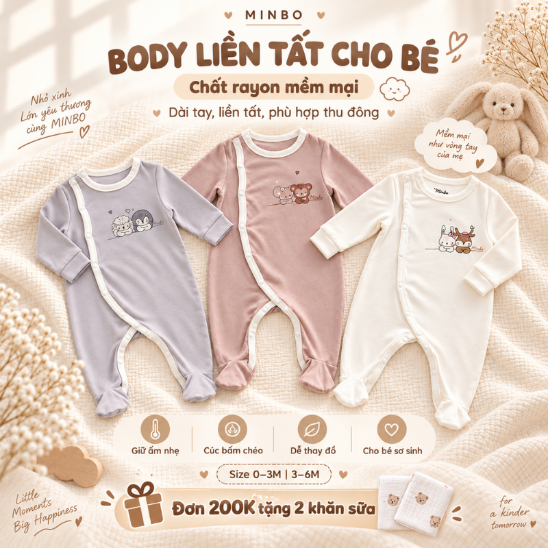 Body Liền Tất Sơ Sinh MINBO Vải Rayon Dài Tay Cúc Bấm Chéo, Bộ Body Cho Bé Thu Đông Size 0-3M 3-6M