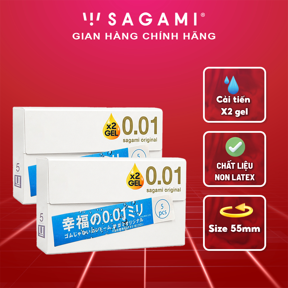 Combo 02 bao cao su Sagami 001 Extra - X2 gel bôi trơn - Non latex - Siêu mỏng 0.01 mm - Hộp 5 bao