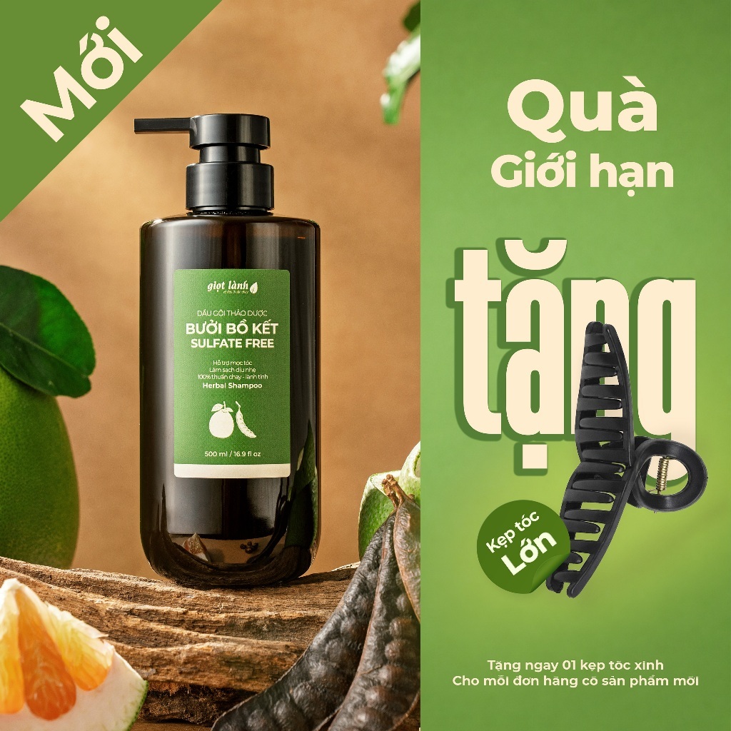 [Mới - Không Sulfate] Dầu gội Bưởi Bồ kết - Sulfate Free, dầu gội thảo dược dịu nhẹ, hỗ trợ mọc tóc Giọt Lành 500ml