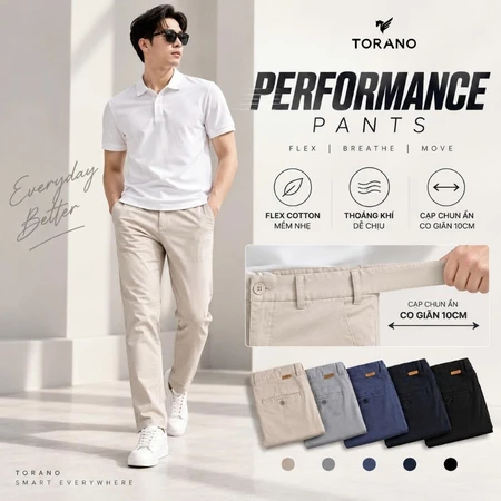 Quần kaki nam PERFORMANCE PANTS TORANO dài basic cạp tender túi lé , form chuẩn FABK001