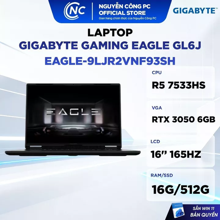 Laptop Gigabyte Gaming EAGLE GL6J - R5 7533HS,16GB DDR5,512GB,16'' FHD, RTX 3050 6GB, Windows 11 - BH 24 tháng