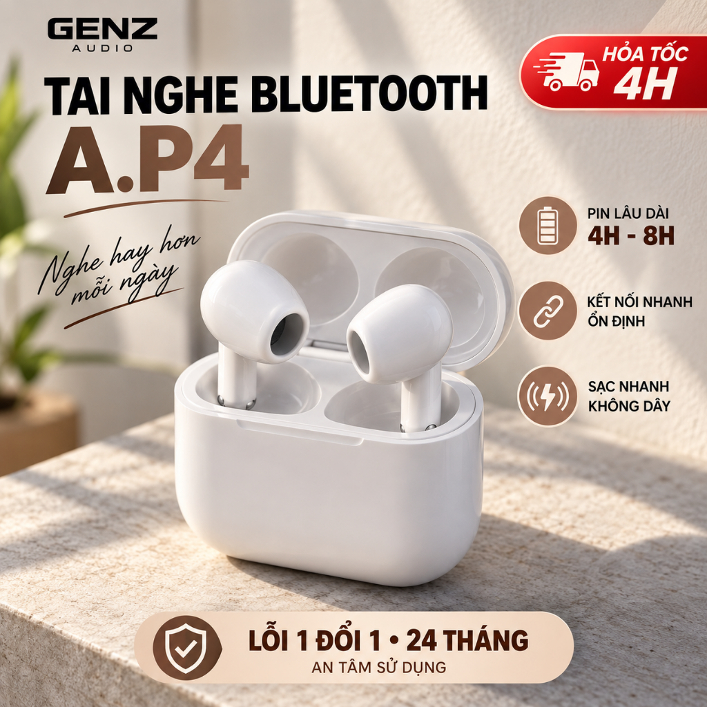 Tai Nghe Bluetooth A.P.4 Chip Jerry Loại 1 + Tặng Ốp Tai Nghe Trong Suốt Âm Thanh Hay Ổn Định Pin 8h