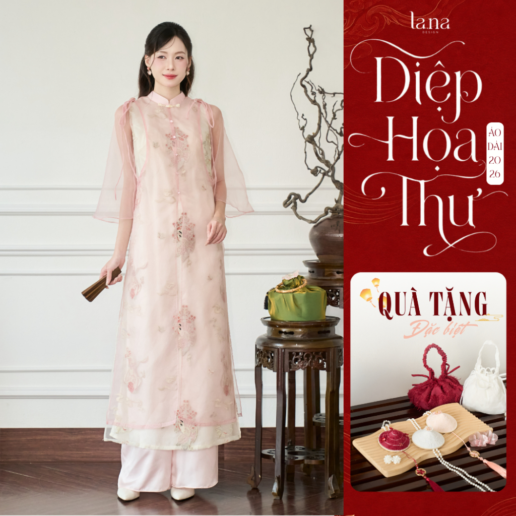 (BST DIỆP HỌA THƯ) Set Áo Dài Phượng Nghi Hồng Phấn Tơ Vân Mềm Thêu 3D Sợi Ánh Kim Phối Lụa Mềm Mịn - SD1096 LANA DESIGN