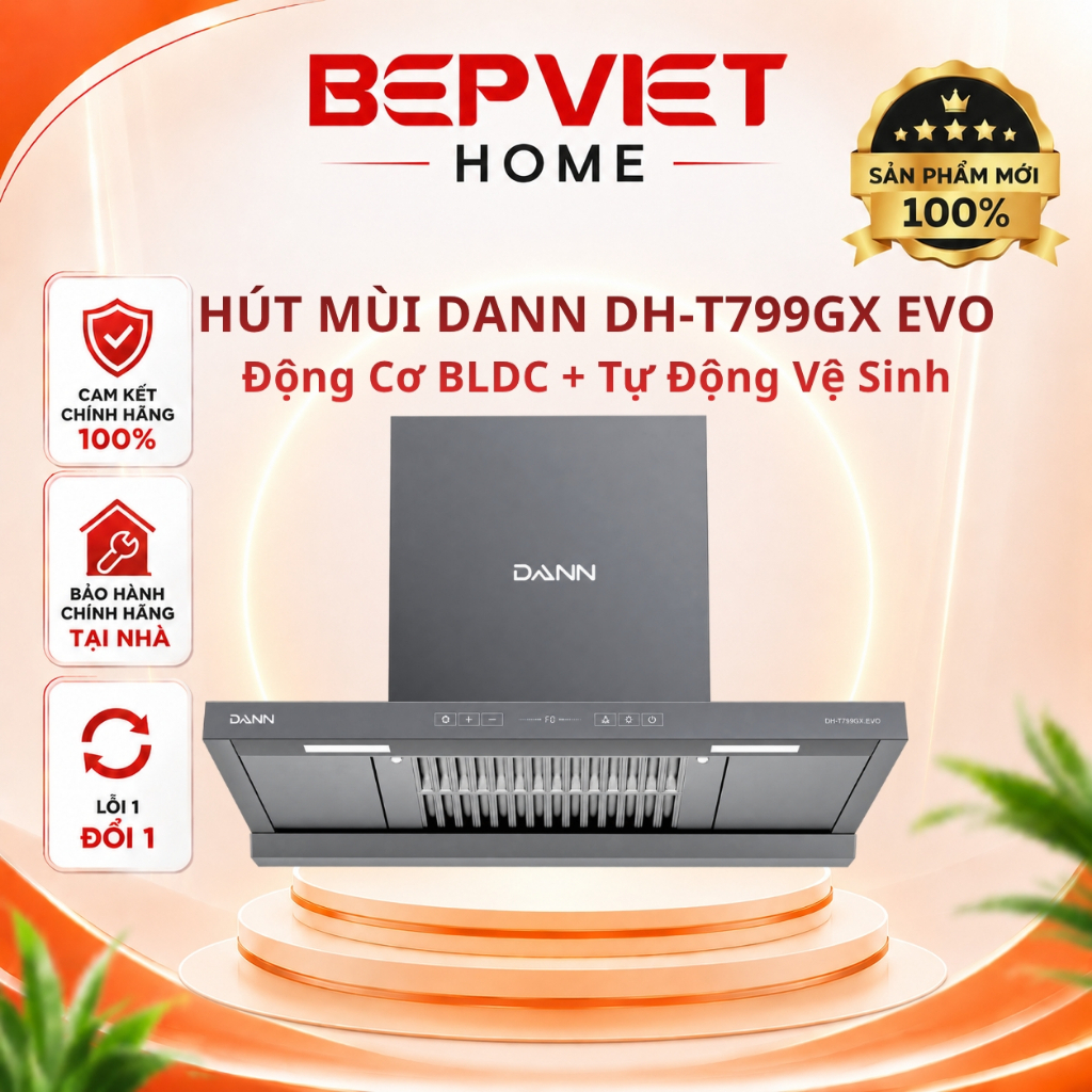 Hút Mùi Dann DH-T799GX EVO, Động cơ BLDC, Tự động làm sạch, Công suất 1450 m3/h