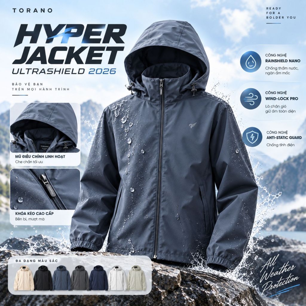 Áo Khoác Gió Nam 2 lớp HYPER JACKET TORANO Công Nghệ Cao Cấp Heattech, Chống Thấm, Cản Bụi, Cản Gió, Giữ ấm EWCW001
