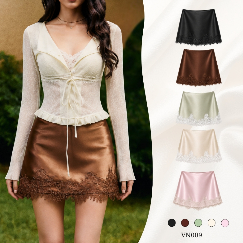[MUA 2 GIẢM 20%] LA BOUTIQUE Chân váy lụa ngắn, chân váy mini cạp trễ phối ren lai váy VN009-2608lLAT