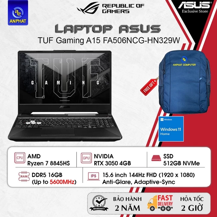 Laptop ASUS TUF Gaming A15 FA506NCG-HN329W, Ryzen 7 8845HS, RTX 3050 4GB, 15.6 FHD 144Hz, 16GB, 512GB, Win11