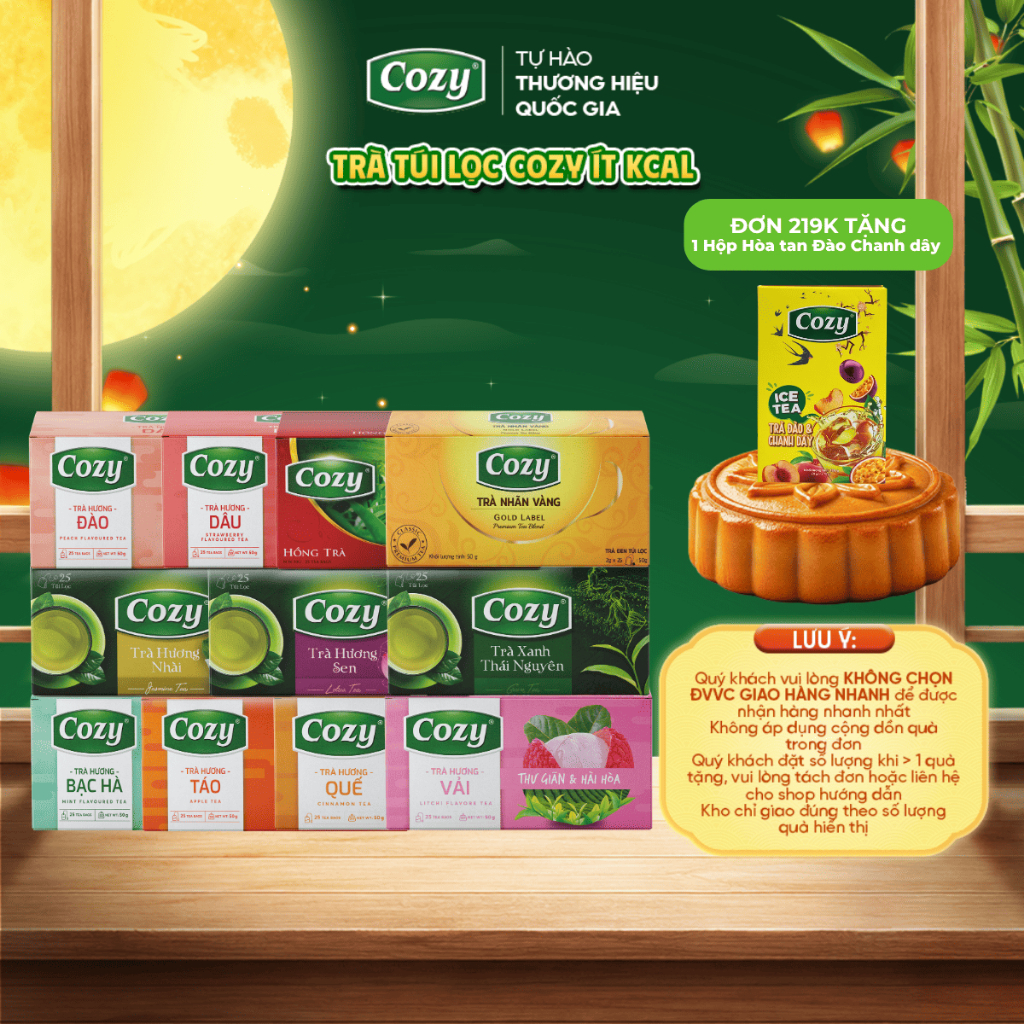 Trà Túi Lọc Cozy Trung Thu Uống Trà Ô Long, Xanh, Nhài, Gừng, Hồng Trà, Sen, Đào, Dâu, Vải, Quế  Hộp 25 Gói