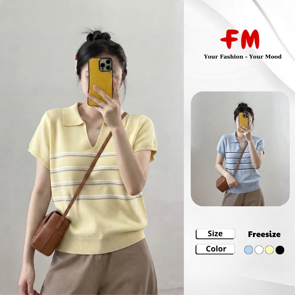 Áo Dệt Kim Nữ Tay Ngắn FMSTYLE Cổ Bẻ Chữ V Kẻ Ngang Basic Mang Đi Làm Đi Chơi 26080778
