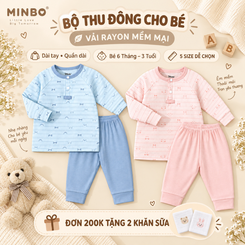 Bộ Quần Áo Dài Tay Cho Bé MINBO Vải Rayon Mềm Mại, Bộ Thu Đông Bé Trai Bé Gái 6 Tháng – 3 Tuổi