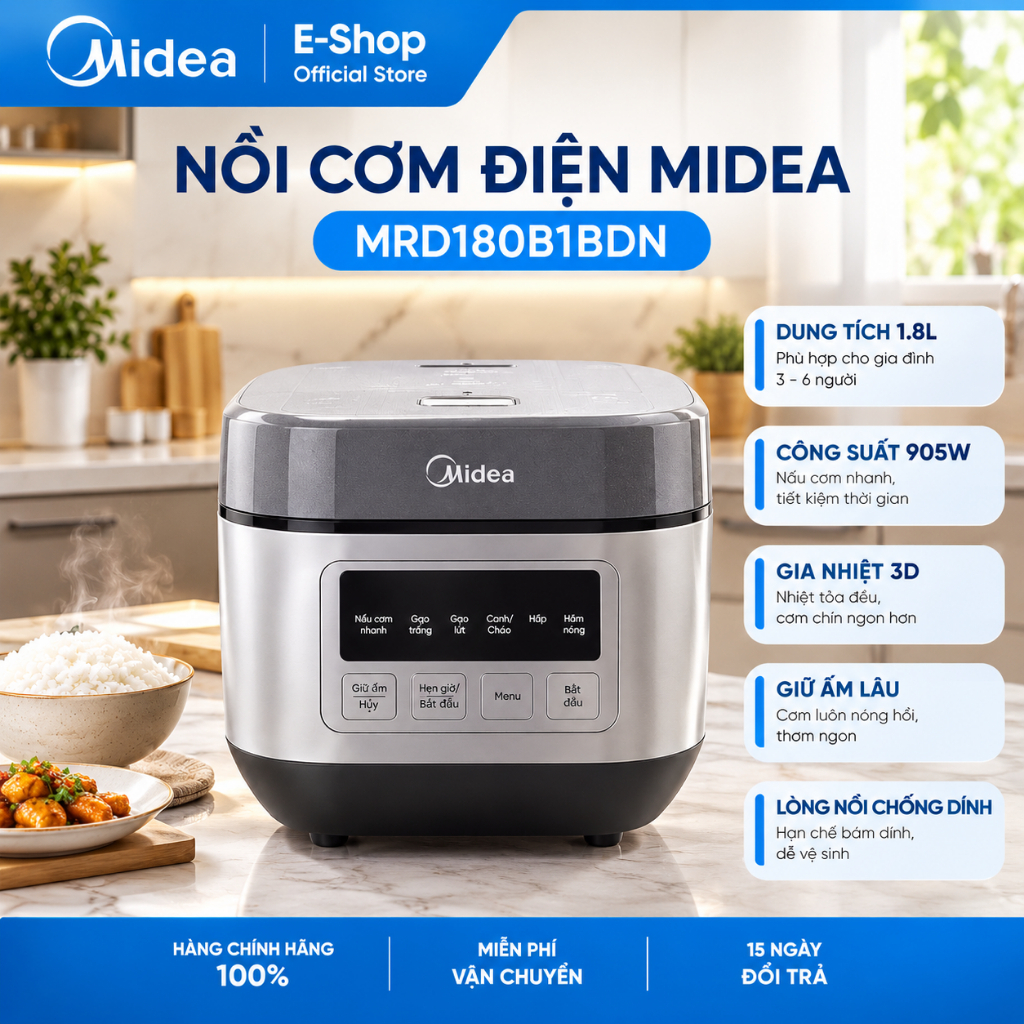 Nồi Cơm Điện Midea MRD180B1BDN 1.8L 905W | Gia Nhiệt 3D, Nấu Cơm Nhanh, Giữ Ấm Lâu, Nồi Chống Dính