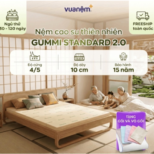 (25.9 Tặng gối + vỏ gối) Nệm Cao Su Thiên Nhiên Gummi Standard 2.0 10cm, Nệm Cao Su Vua Nệm, Mùi Hương Vani