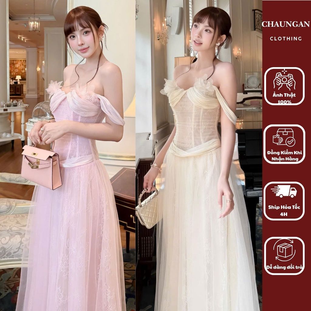 Đầm Tiệc Thiết Kế Trễ Vai Cúp Ngực Cấu Trúc Corset Tùng Voan Dài Mềm Mại
