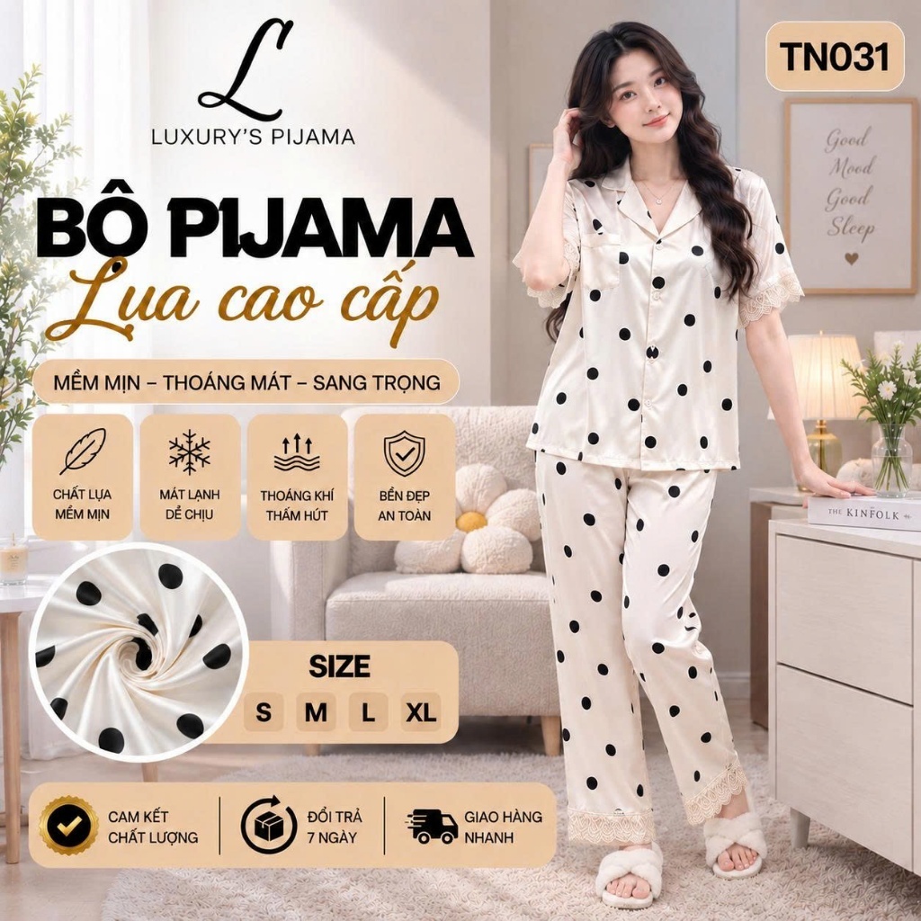 Đồ bộ LUXURY PIJAMA lụa latin cao cấp, mềm mịn sang trọng tay ngắn họa tiết chấm bi TN031