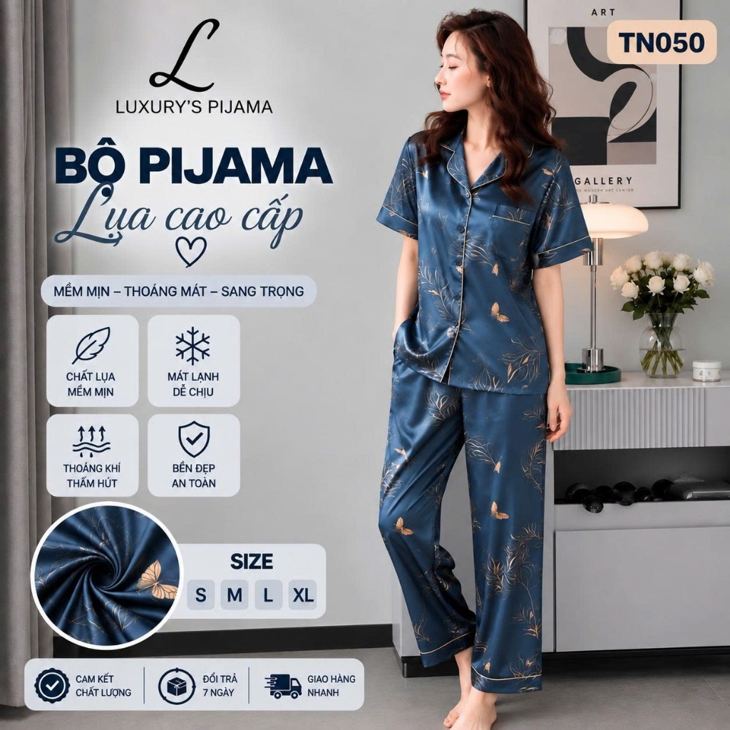 Đồ bộ nữ LUXURY PIJAMA lụa latin cao cấp, mềm mịn sang trọng tay ngắn màu xanh họa tiết bướm lá xanh TN050