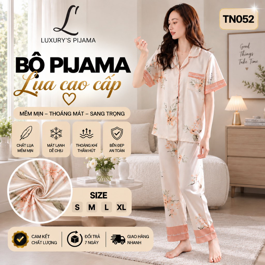 Đồ bộ LUXURY PIJAMA lụa latin cao cấp, mềm mịn sang trọng tay ngắn màu cam nhạt họa tiết hoa TN052