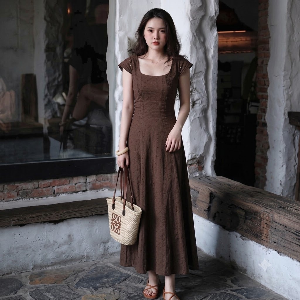 Đầm thô thêu nâu dáng dài cổ vuông tay nhí có Bigsize 50-85kg L037