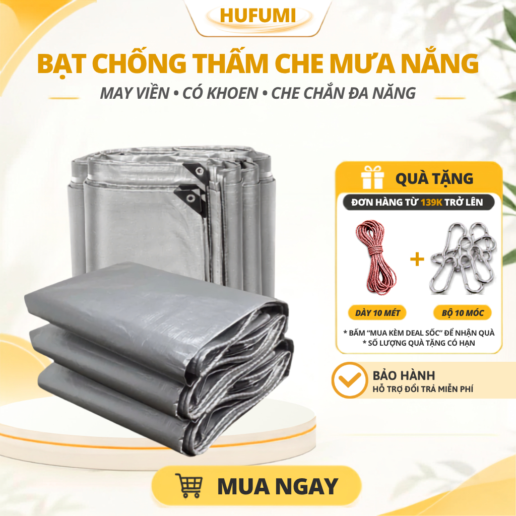 Bạt Xám Chống Thấm Dột Che Mưa Nắng Cách Nhiệt Bạt HUFUMI Che Phủ Hàng Hóa Công Trình Nhà Xưởng Sân Vườn Ngoài Trời