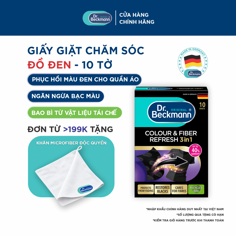 Hộp 10 Tờ Giấy Giặt Chăm Sóc Đồ Đen Chuyên Sâu 3 Trong 1 Dr. Beckmann Phục Hồi Màu Đen, Làm Mịn Vải
